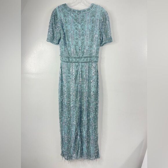 Mac Duggal 5980 Size 8 High Neck Crystal Fringe French Blue Beaded Column Dress - Picture 2 of 13